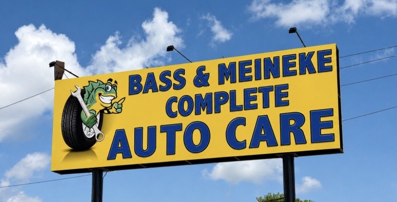 Bass & Meineke Complete Auto Care's road sign in Pasadena, TX