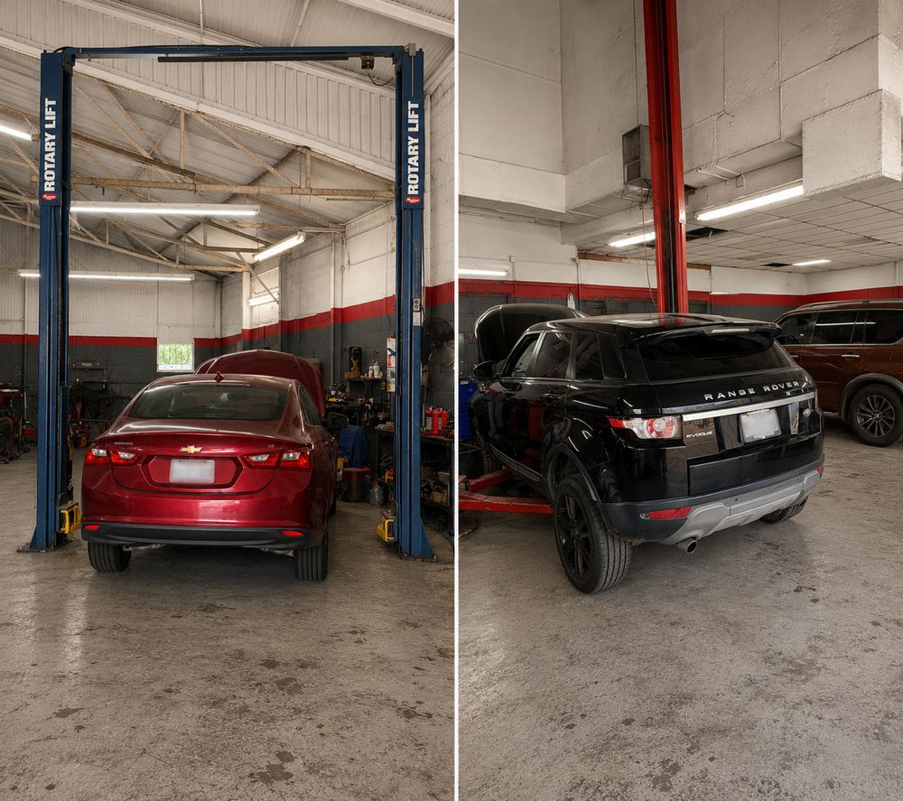 Cars on lifts in the service bays